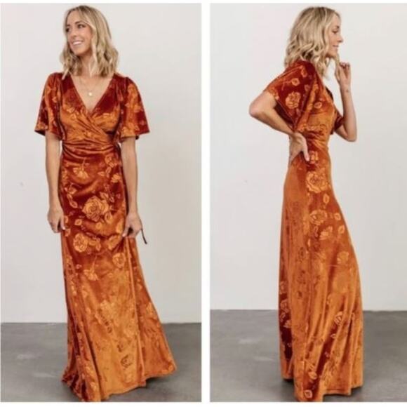 Baltic Born Dresses & Skirts - Baltic Born Danielle Embossed Velvet Maxi Dress Women's Size M Rust Lined Wrap